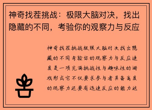 神奇找茬挑战：极限大脑对决，找出隐藏的不同，考验你的观察力与反应速度